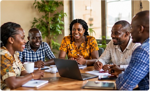 Members of a Kenyan welfare group discussing plans around a table